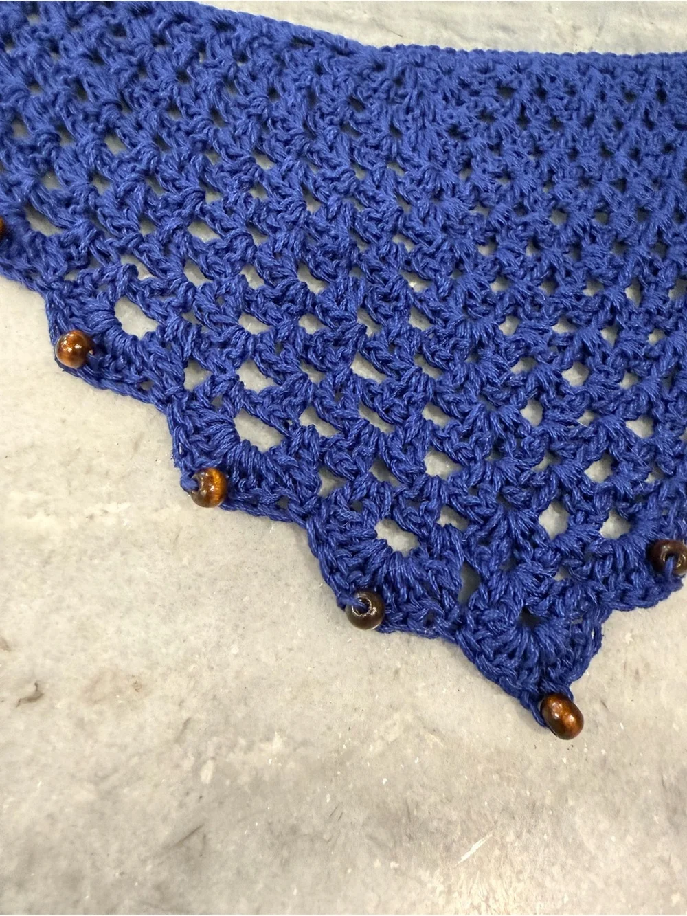 Handmade Crochet Wood Beaded Kerchief Head Scarf Cotton Boho Bandana Cottagecore